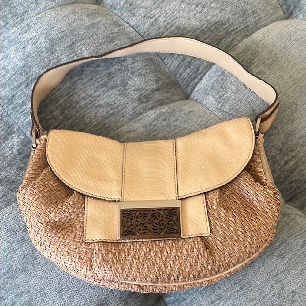 Calvin Klein Tan and Cream Shoulder Bag with Metal Clasp